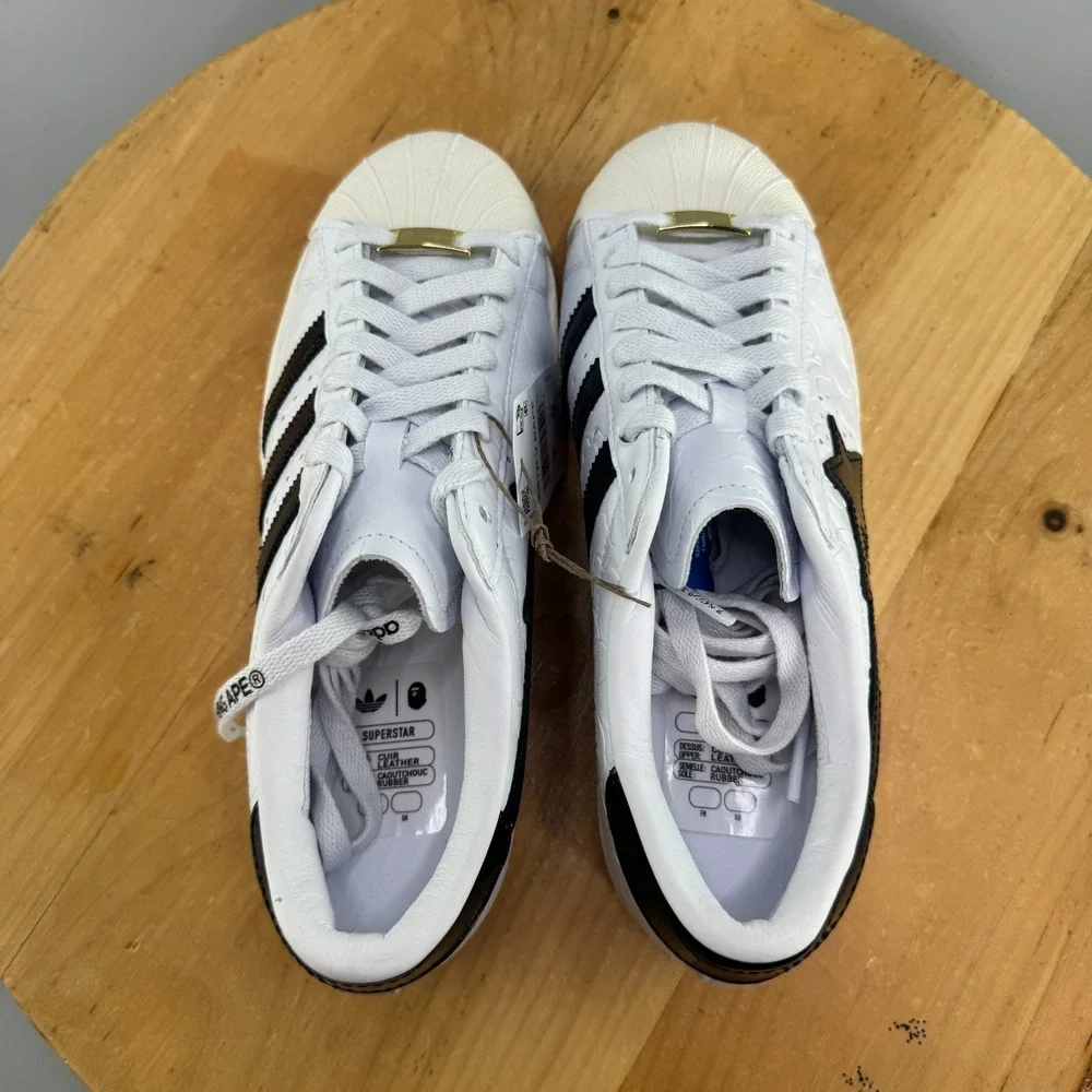 Mens 7 / Womens 8 - Adidas BAPE x Superstar Vintage Shoes White Black Gold NEW